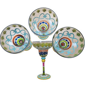 4 pcs  Pier 1 Margarita Glasses Mouth Blown Hand Painted Party Cocktail Stemware